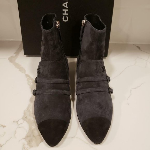 CHANEL 18B Suede Buckled Pointed Toe Short Ankle Booties Boots - Picture 3 of 12